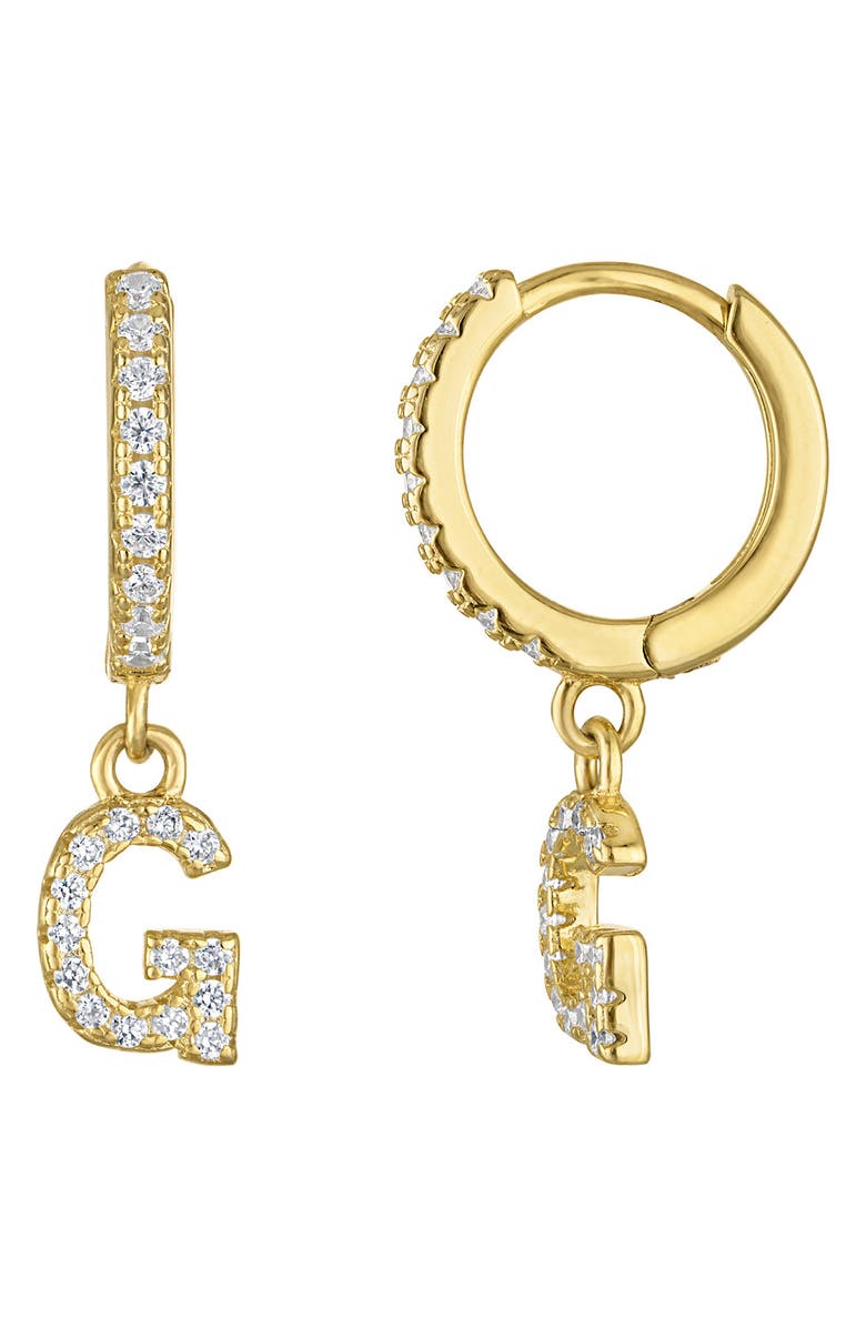 FZN Pavé Cubic Zirconia Initial 'G' Huggie Drop Earrings, Main, color, Yellow Gold