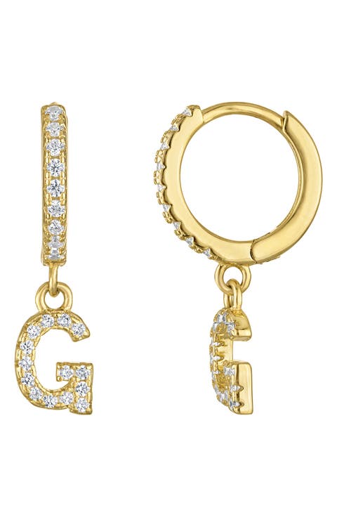 Pavé Cubic Zirconia Initial 'G' Huggie Drop Earrings