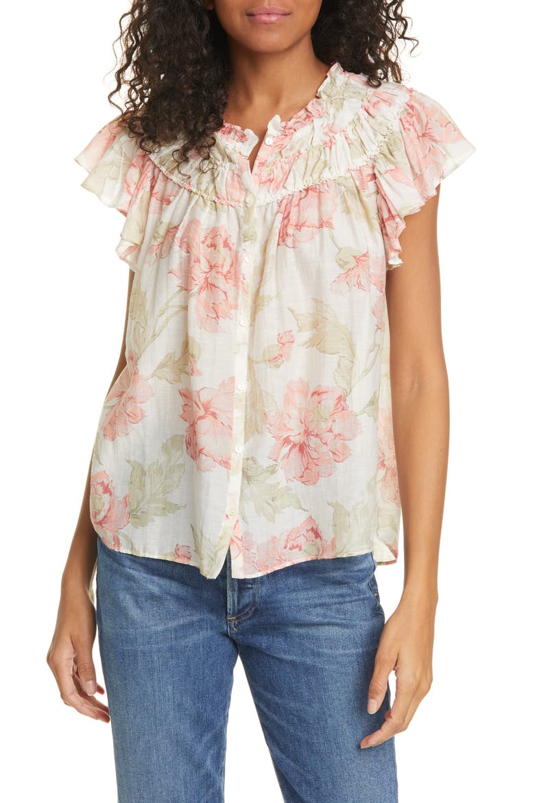 Peonies Floral Print Cotton & Silk Top, Main, color, CREAM COMBO