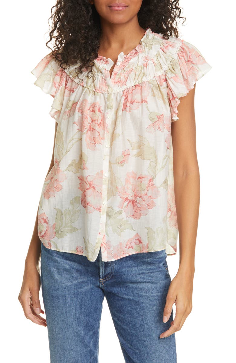 La Vie Rebecca Taylor Peonies Floral Print Cotton & Silk Top, Main, color, 