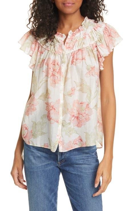 Peonies Floral Print Cotton & Silk Top