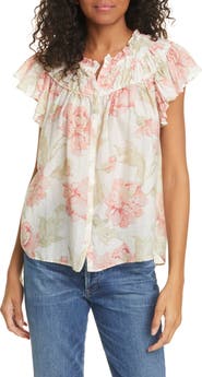 La Vie Rebecca Taylor Peonies Floral Print Cotton & Silk Top