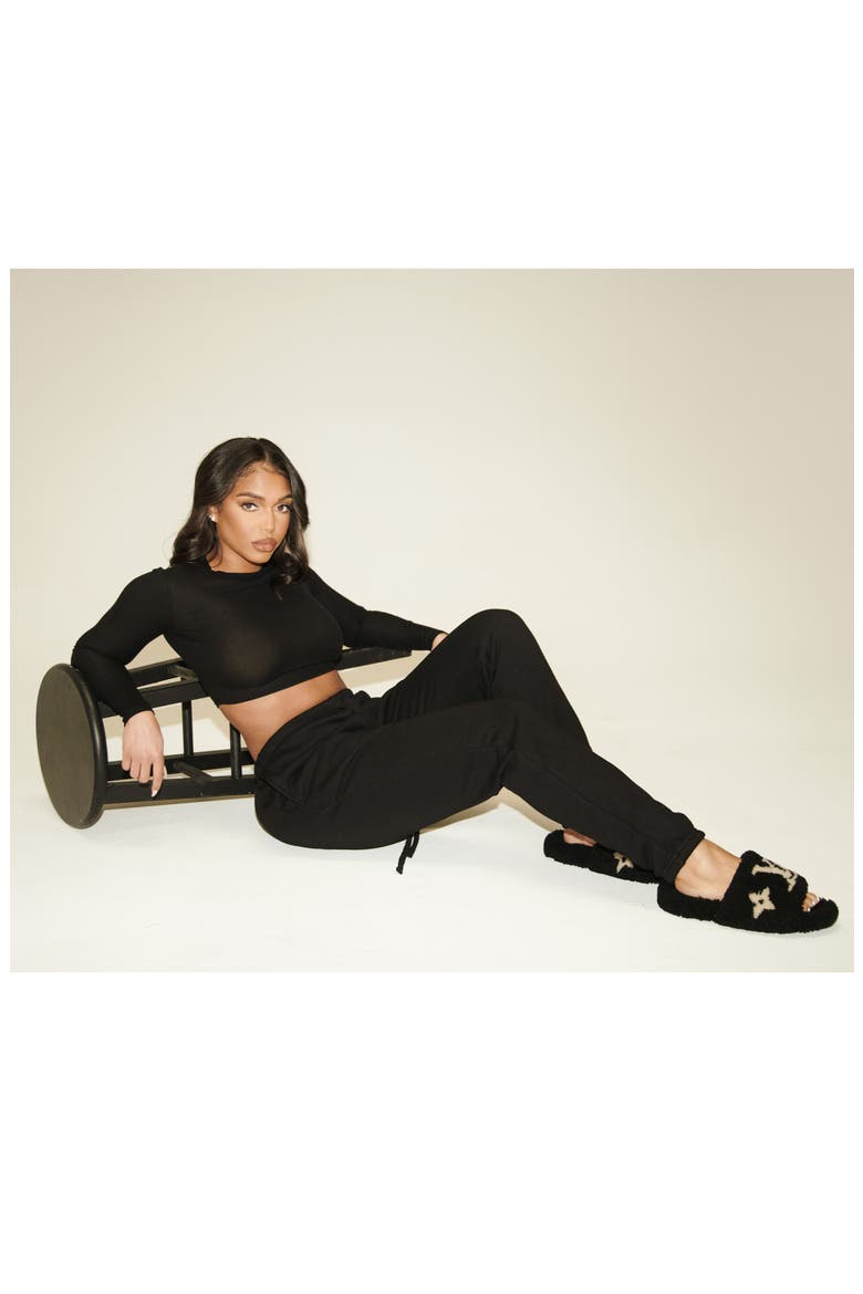 x Lori Harvey Crewneck Long Sleeve Rib Crop Top, Alternate, color, BLACK