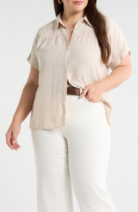 Linen Blend Button-Up Shirt (Plus)