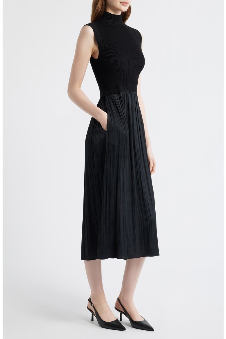 Mixed Media Rib Funnel Neck Midi Dress, Alternate, color, BLACK