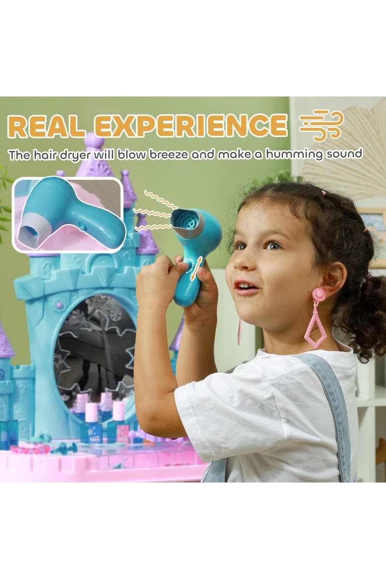 Kids Vanity Set, Mirror, Stool, Castle Design, Light, Music, Hair Dryer, Alternate, color, multicolor