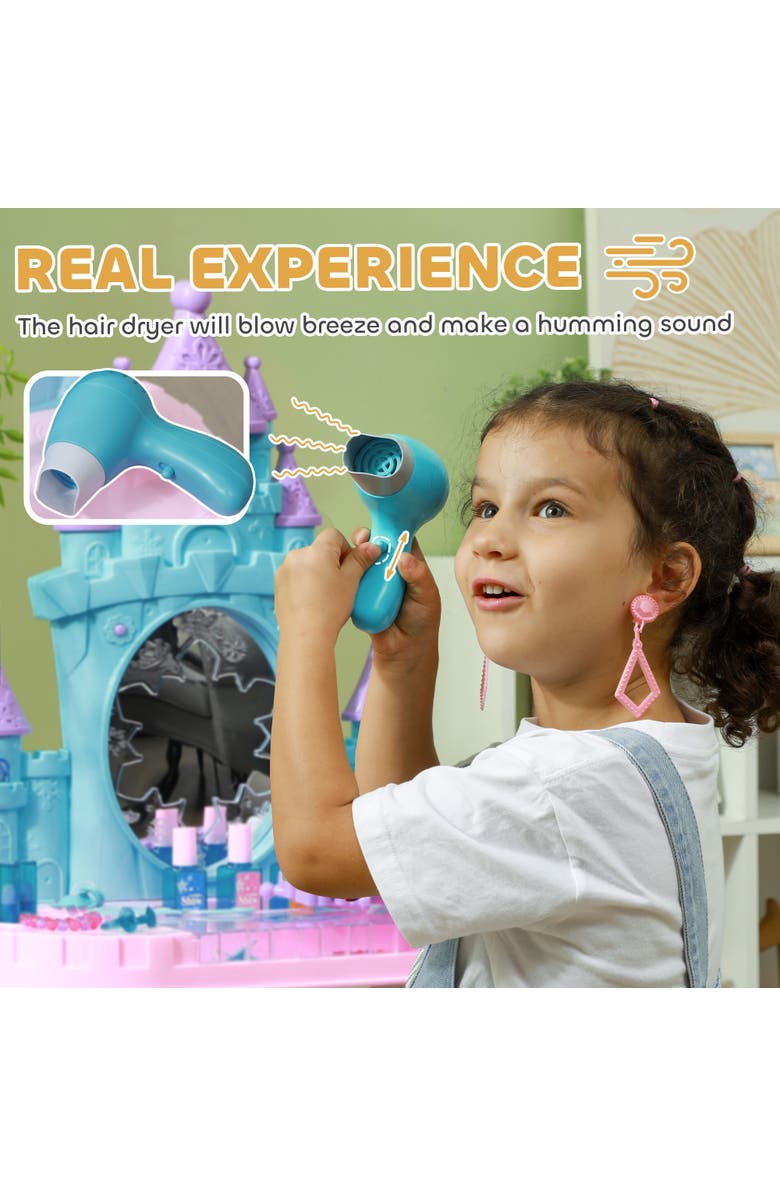 Qaba Kids Vanity Set, Mirror, Stool, Castle Design, Light, Music, Hair Dryer, Alternate, color, Multicolor