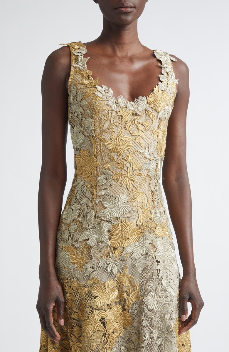 Oscar de la Renta Hibiscus Metallic Guipure Lace Midi Dress, Alternate, color, Gold/ White Gold