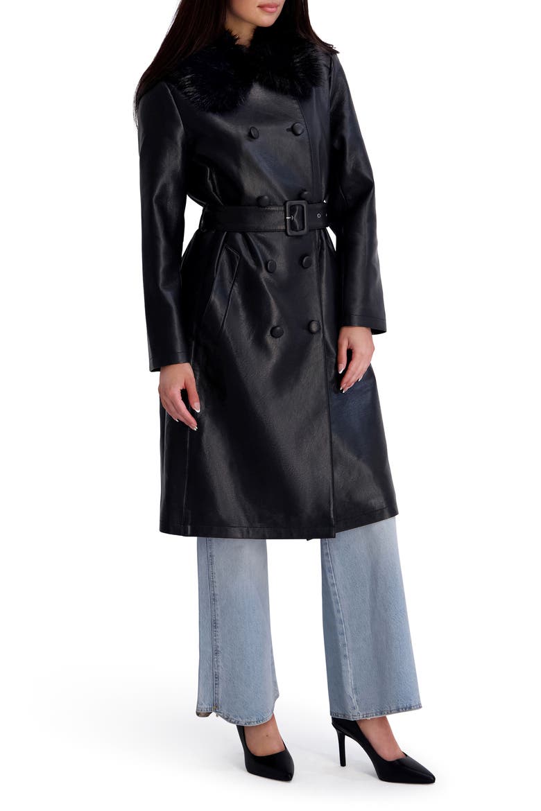 Faux Leather Trench Coat with Faux Fur Collar, Main, color, BLACK