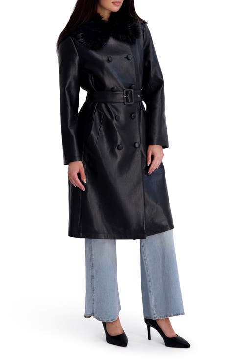 Faux Leather Trench Coat with Faux Fur Collar