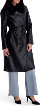 Kenneth Cole New York Faux Leather Trench Coat with Faux Fur Collar