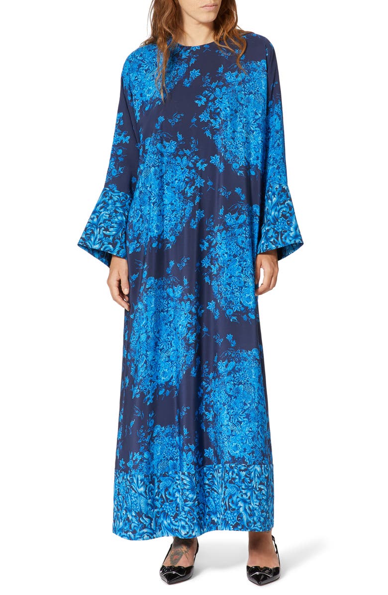 Valentino Delft Floral Print Long Sleeve Silk Caftan Maxi Dress, Main, color, 
