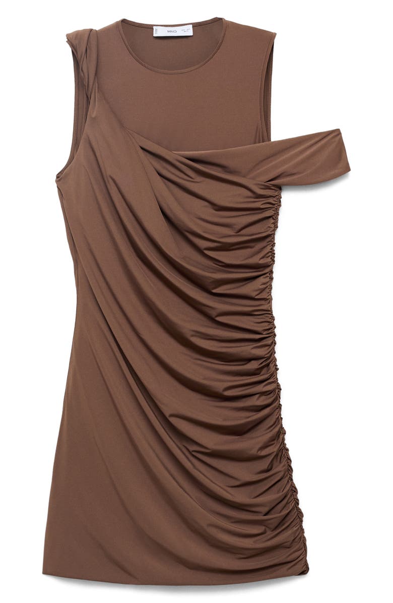 MANGO Ruched Single Cold Shoulder Short Sleeve Minidress, Alternate, color, Brown