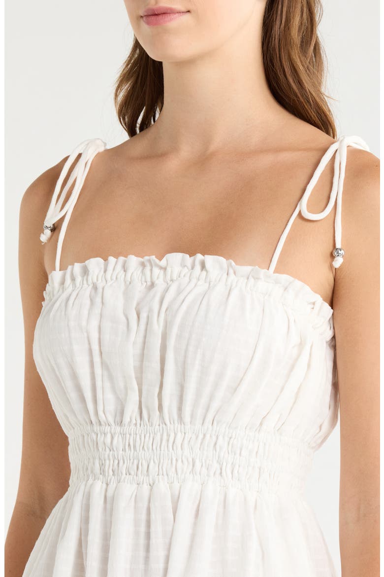 Ruffle Shirred Tie Strap Tiered Cotton Seersucker Cover-Up Sundress, Alternate, color, WHITE