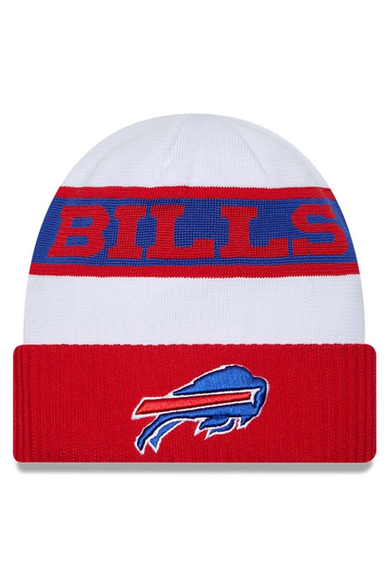Men's New Era  White/Red Buffalo Bills 2023 Sideline Tech Cuffed Knit Hat, Main, color, White