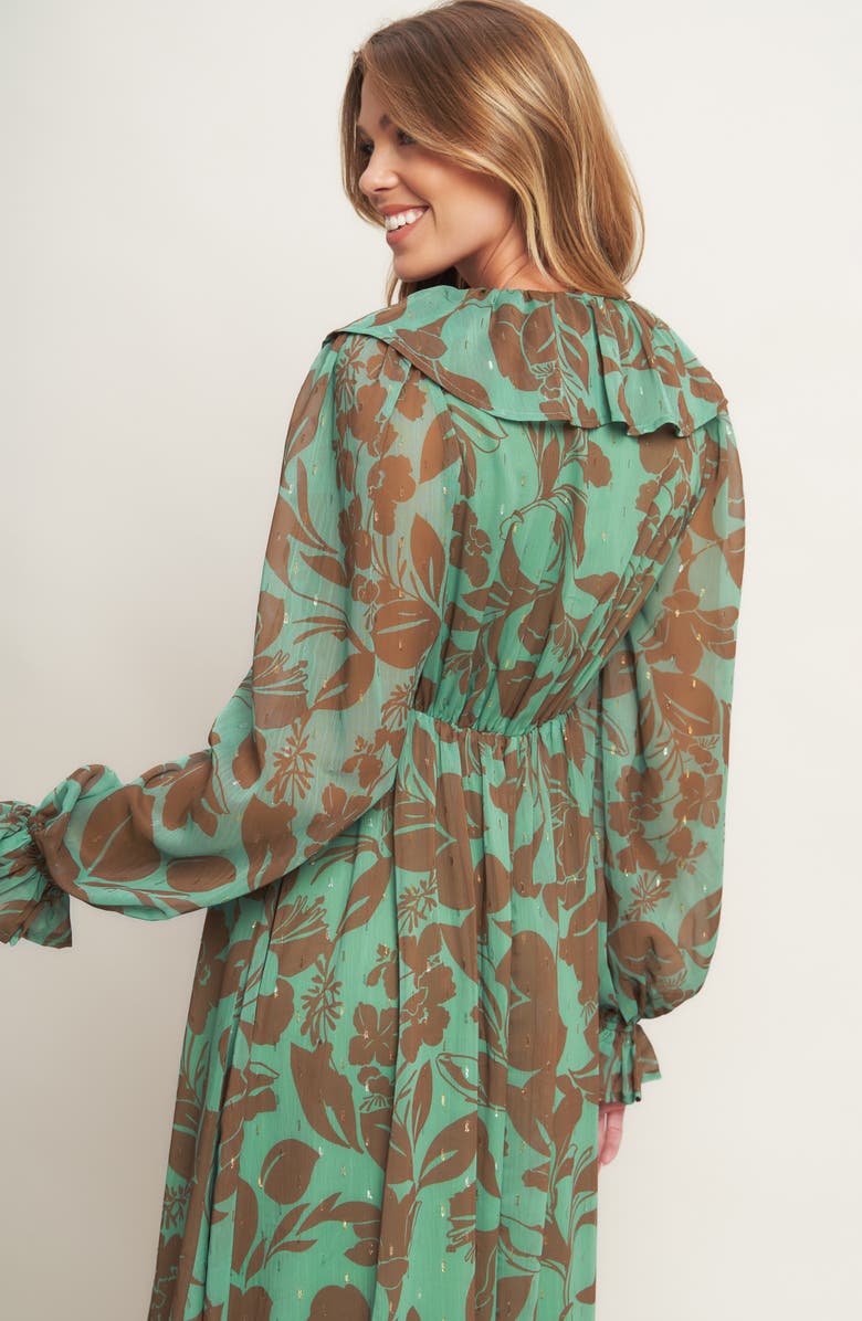 FLYING TOMATO Metallic Print Chiffon Maxi Dress, Alternate, color, Sage Brown