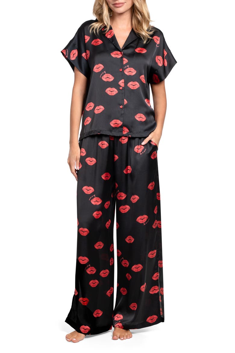 Valentine's Day Print Satin Long Pajamas, Main, color, BLACK