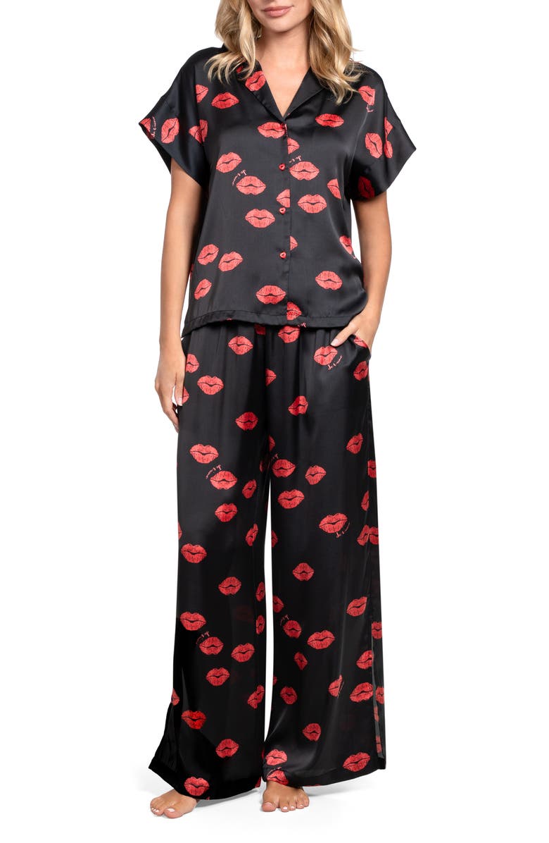Midnight Bakery Valentine's Day Print Satin Long Pajamas, Main, color, Black