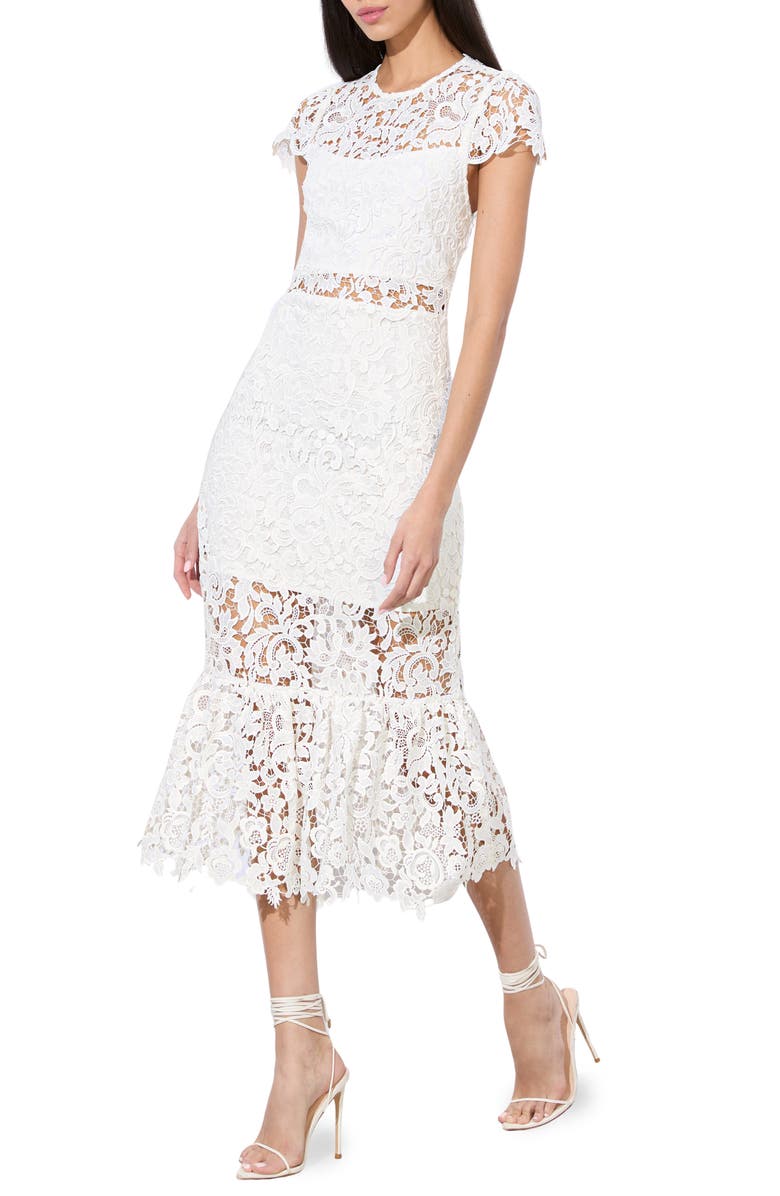 Alice + Olivia Clover Flounce Hem Lace Midi Dress, Alternate, color, Off White