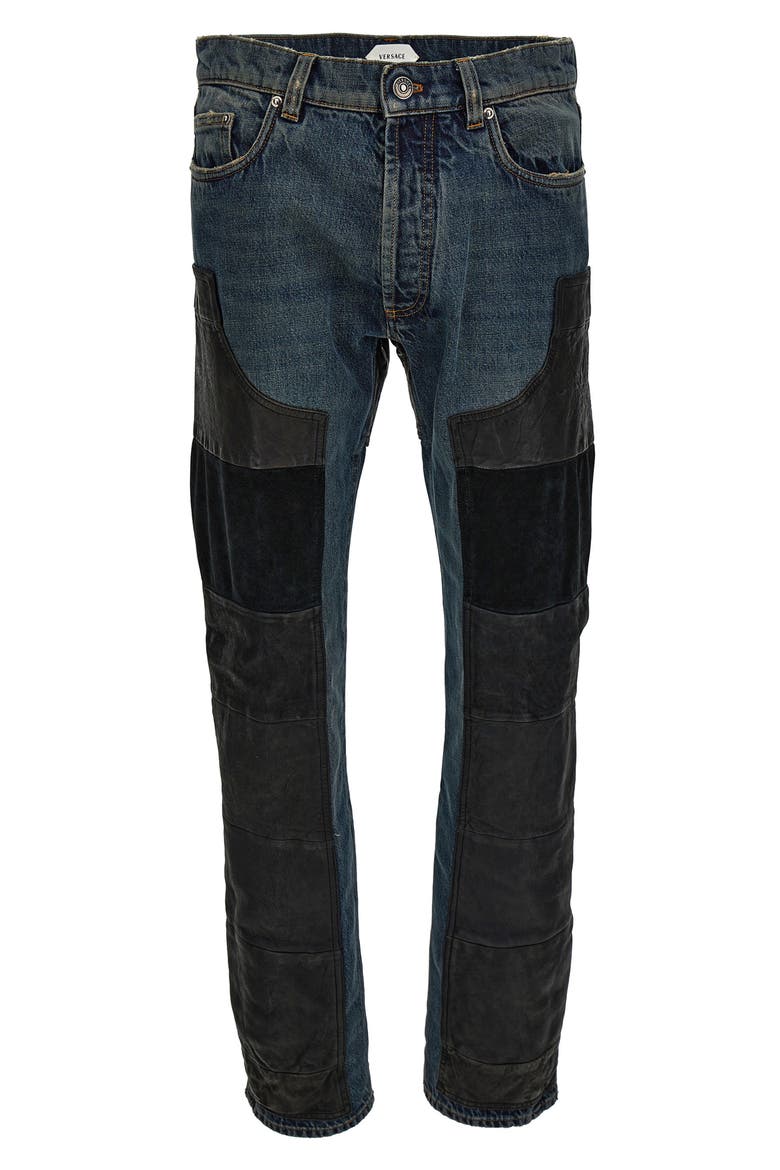 Leather Patchwork Straight Leg Jeans, Alternate, color, DIRTY BLUE BLACK