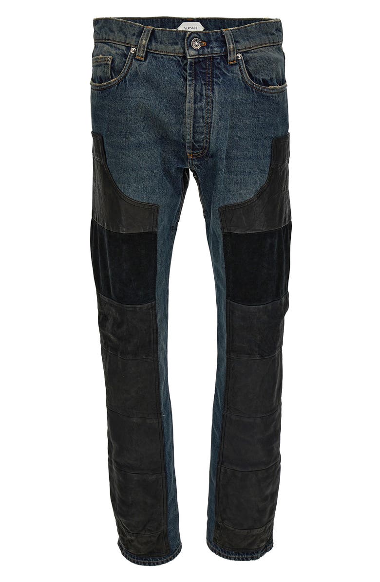 Versace First Line Leather Patchwork Straight Leg Jeans, Alternate, color, Dirty Blue Black