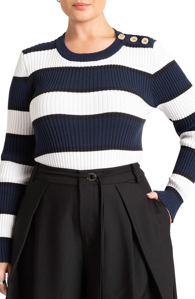 ELOQUII Button Shoulder Stripe Sweater, Main, color,
