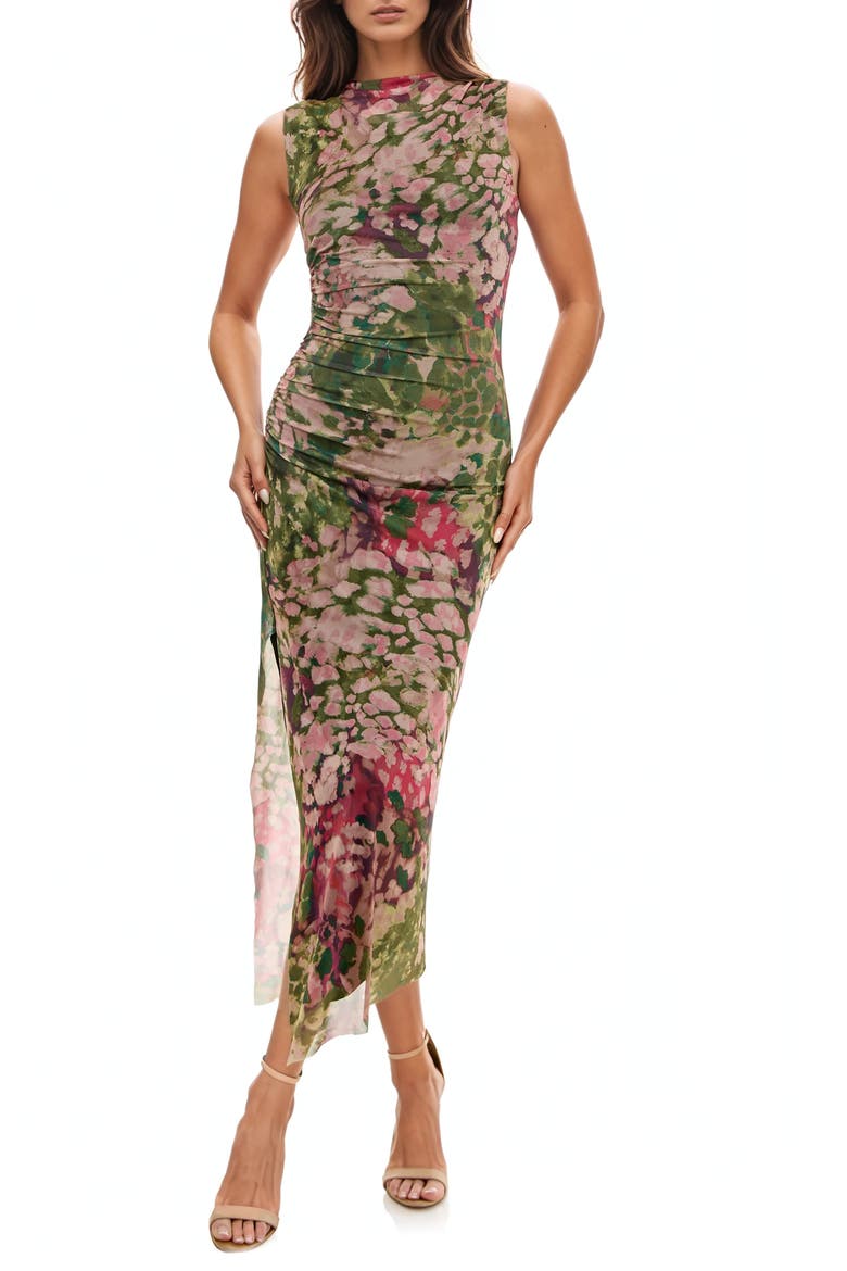 Floral Shirred Mesh Dress, Main, color, OLIVE/ PINK