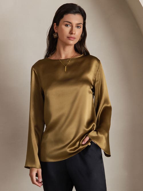 Silksilky 19momme Silk Solid Color Casual Long-sleeved T-shirt In Brown