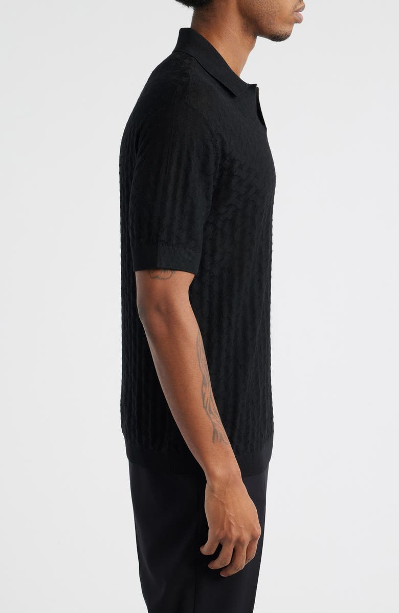 Emporio Armani Basket-Weave Stitch Johnny Collar Virgin Wool Polo Sweater, Alternate, color, Solid Black