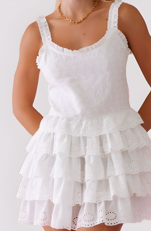 Modenaire Eyelet Tiered Ruffle Strap Scalloped Hem Mini Dress In White