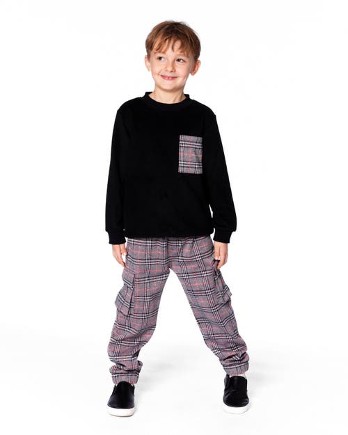 Deux Par Deux Super Soft Brushed Jersey Long Sleeve Top With Plaid Pocket In Black