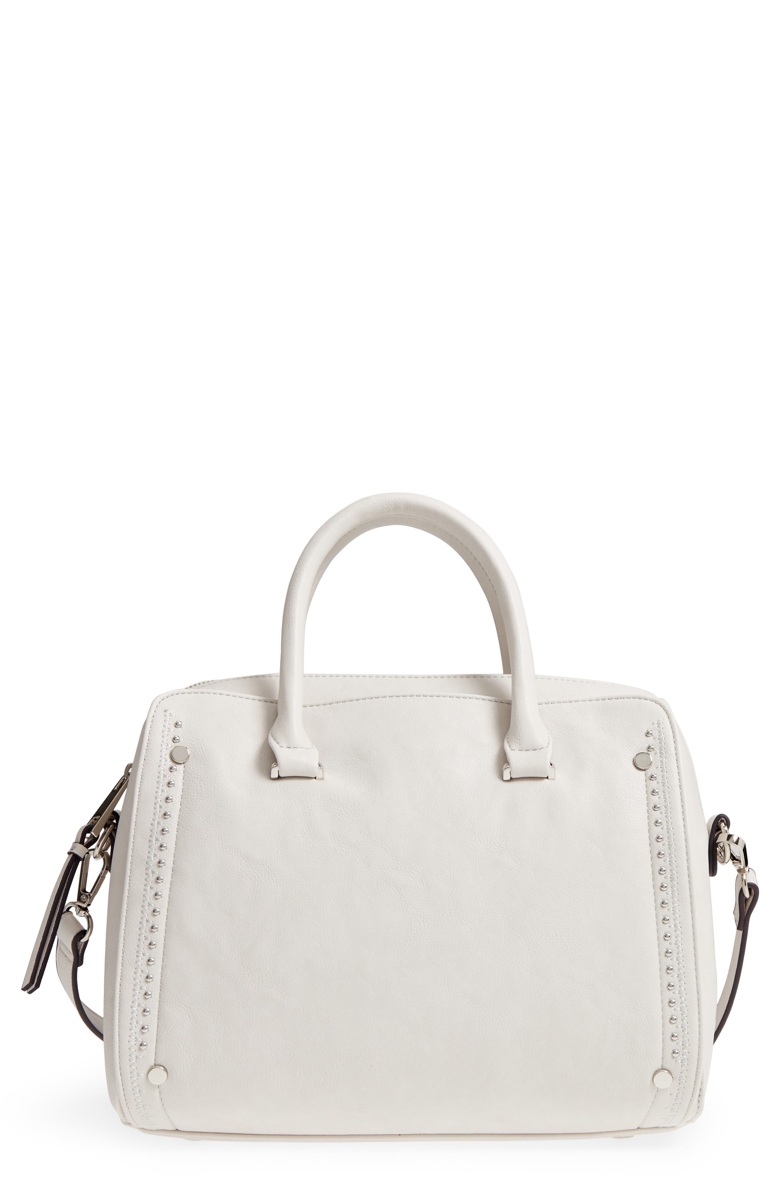 Sole Society Speedy Studded Faux Leather Satchel, Main, color, 