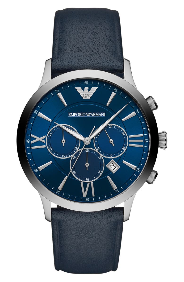 Emporio Armani Leather Strap Chronograph Watch, 43mm, Main, color, 