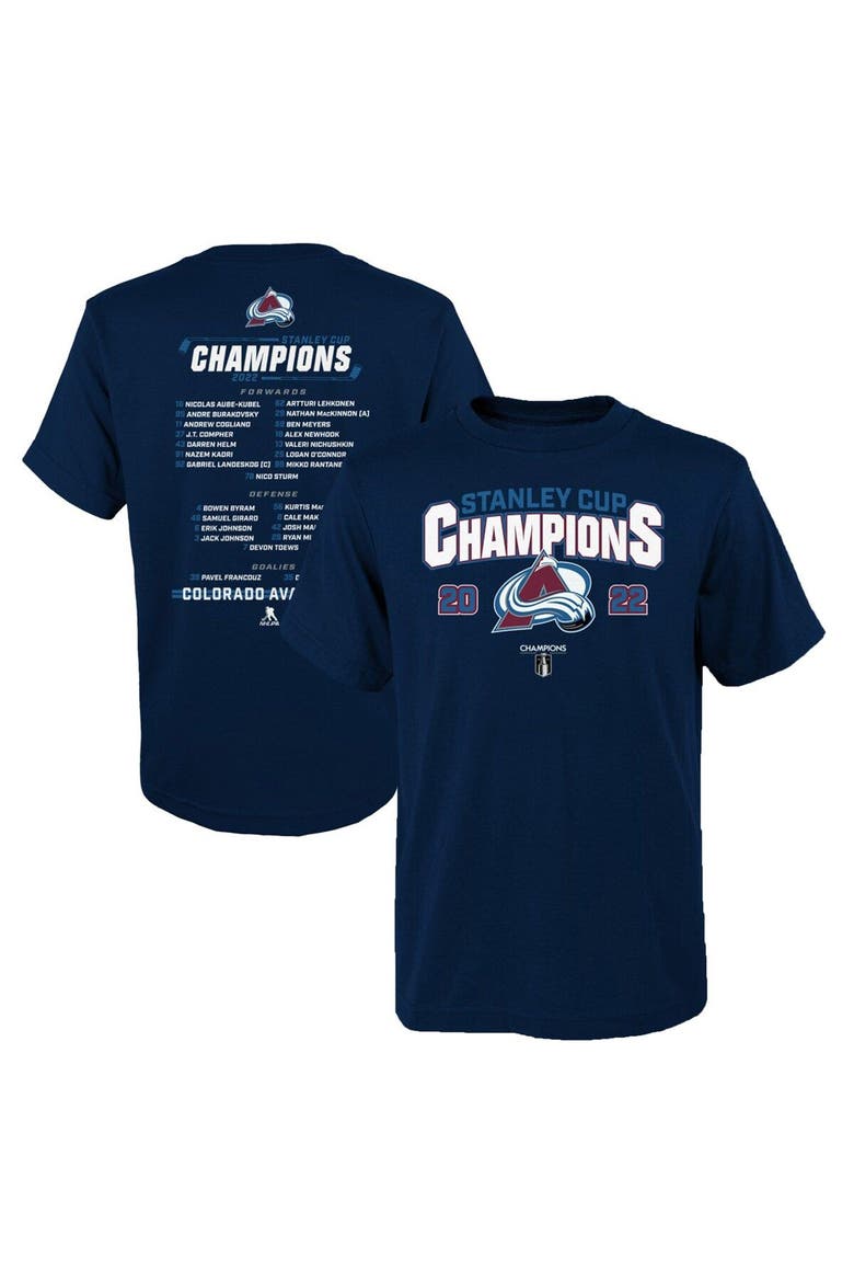Youth Fanatics Branded Navy Colorado Avalanche 2022 Stanley Cup Champions Roster T-Shirt, Main, color, Navy