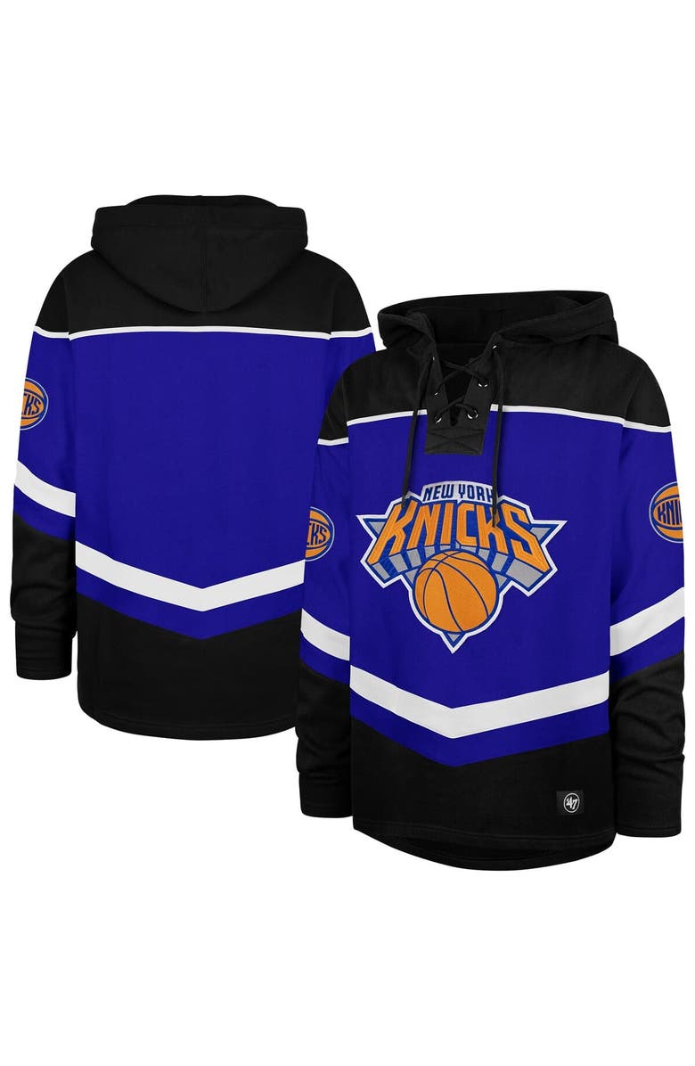 '47 Men's '47 Blue New York Knicks Oversized Tri-Satin Layup Lacer Pullover Hoodie, Alternate, color, 
