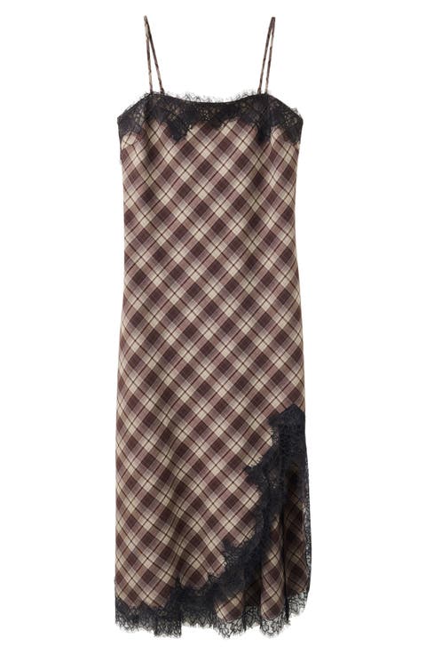 Plaid Lace Trim Midi Dress