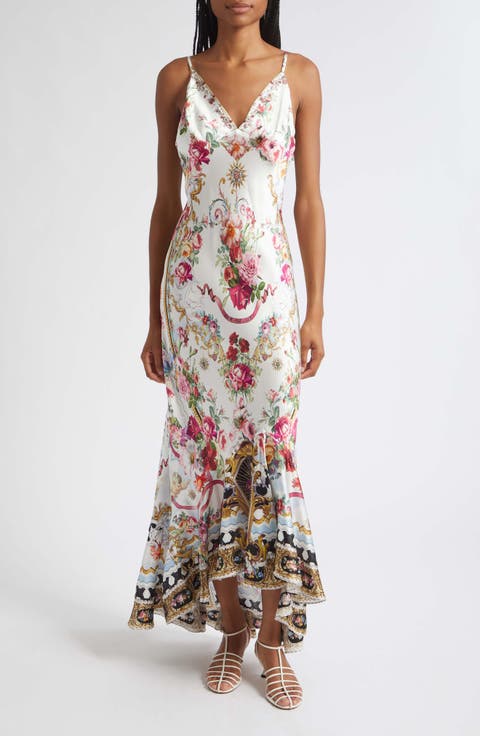 Mixed Print Floral V-Neck Silk Charmeuse Slip Dress