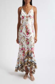 Camilla Mixed Print Floral V-Neck Silk Charmeuse Slip Dress