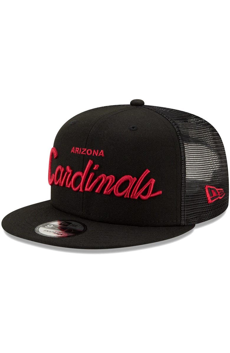 New Era Men's New Era Black Arizona Cardinals Script Trucker 9FIFTY Snapback Hat, Main, color,