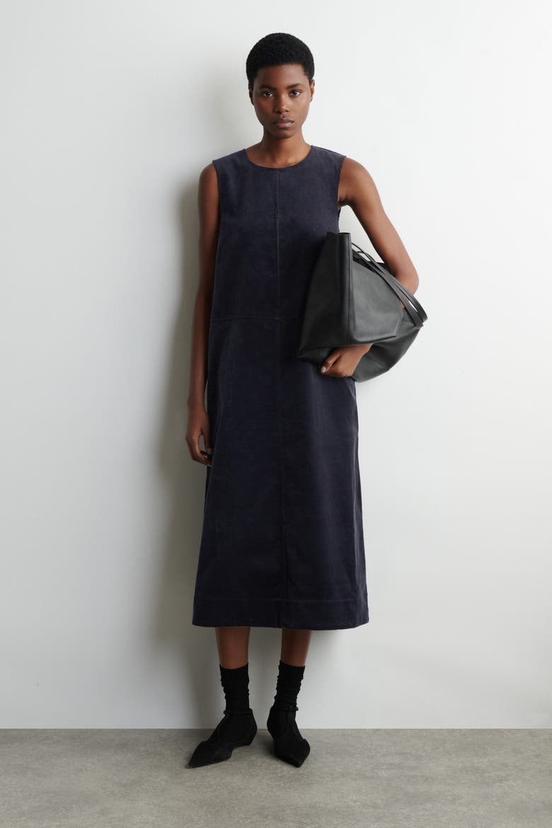 A-Line Corduroy Midi Dress, Main, color, NAVY