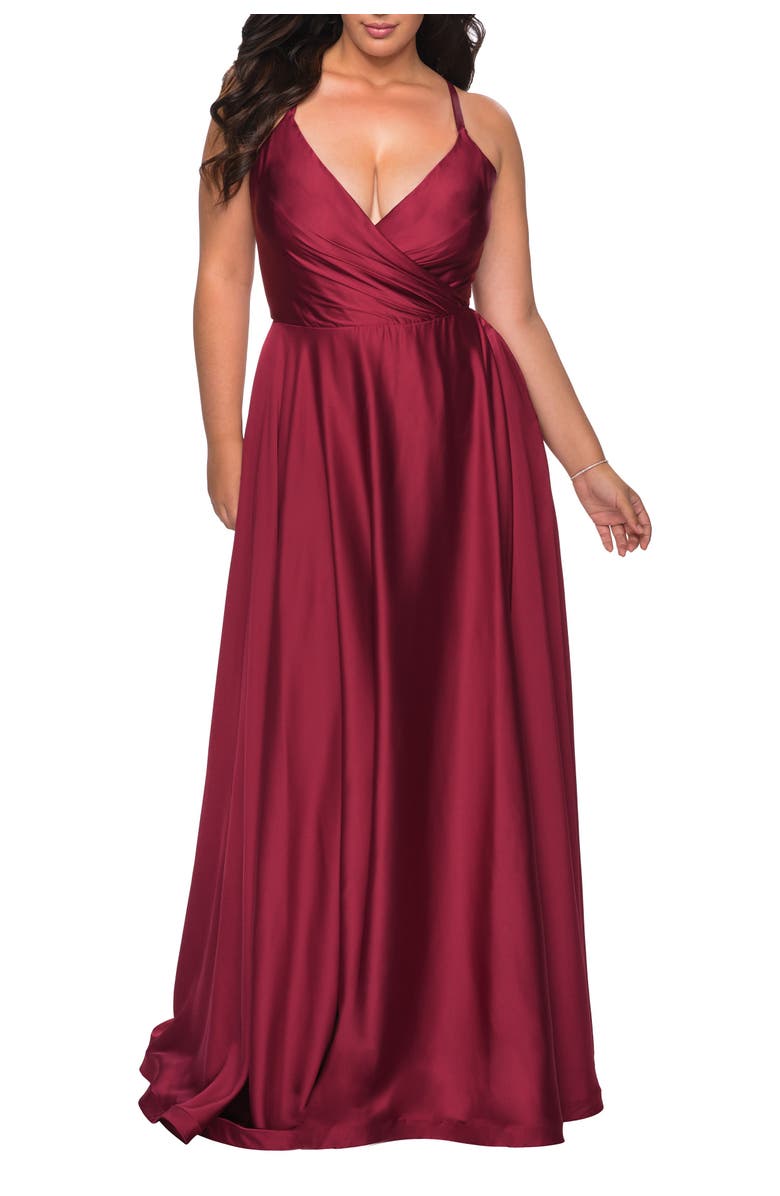 La Femme Satin A-line Plus Dress with Lace Up Back and Pockets, Main, color, Wine