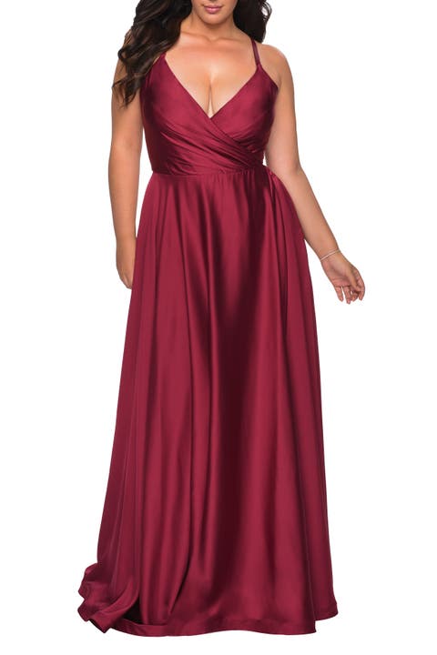 Satin A-line Plus Dress with Lace Up Back and Pockets
