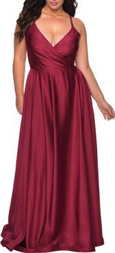 La Femme Satin A-line Plus Dress with Lace Up Back and Pockets