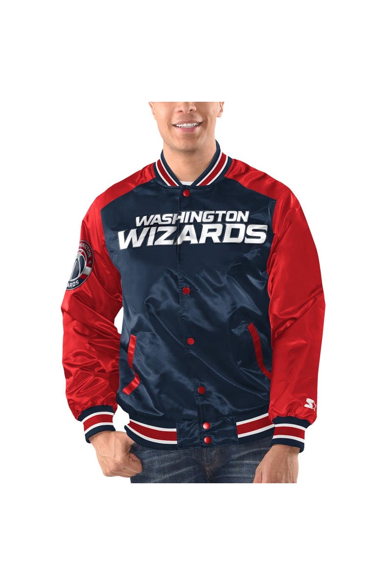 STARTER Men's Starter Navy/Red Washington Wizards Renegade Satin Full-Snap Varsity Jacket, Main, color, Navy