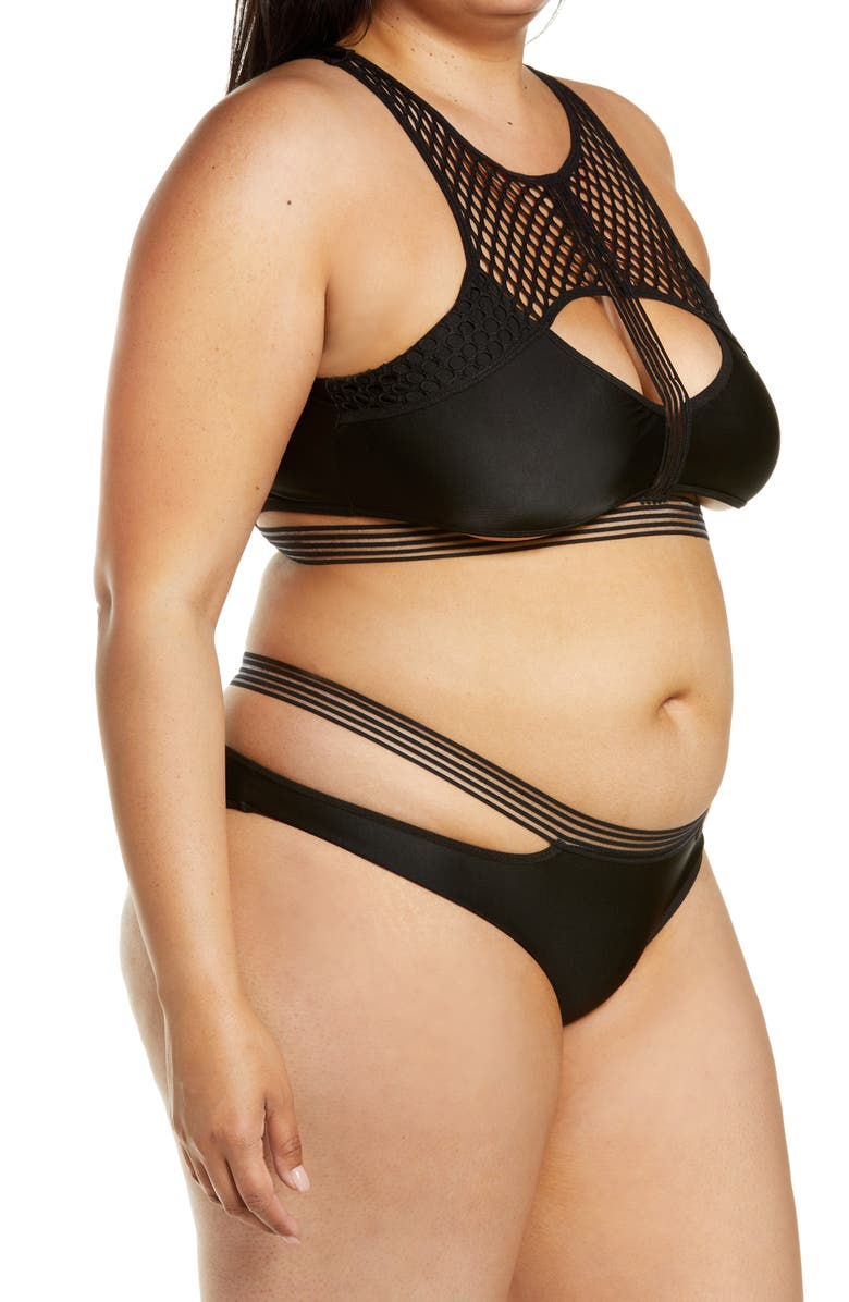 Coquette Mesh & Strap Detail Bra & Briefs Set, Alternate, color, Black