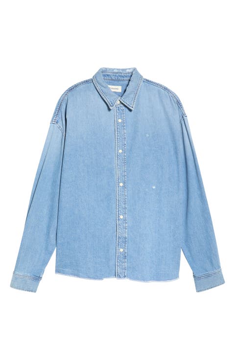 Relaxed Fit Distressed Denim Snap-Up Shirt