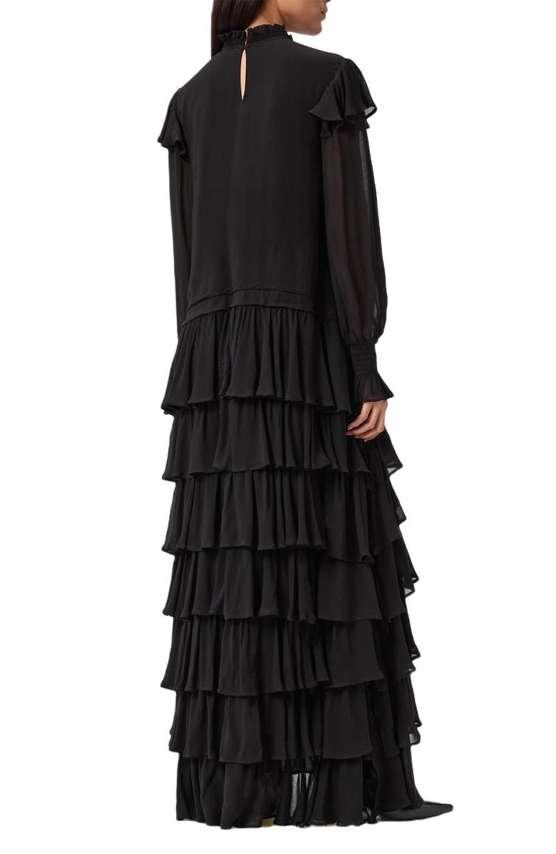 AllSaints Cavarly Ruffle Long Sleeve Maxi Dress, Alternate, color, Black