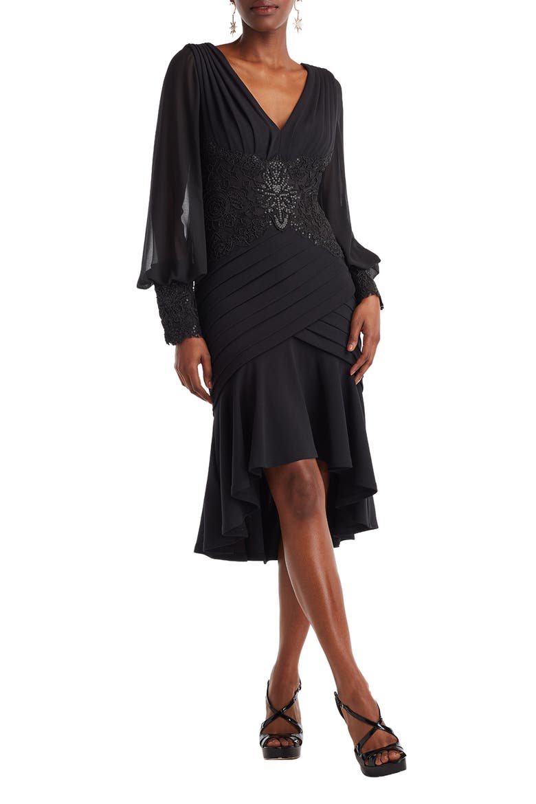 Sequin Lace Detail Long Sleeve High-Low Cocktail Dress, Alternate, color, BLACK