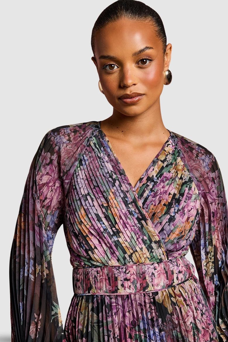 Petite Printed Pleated Wrap Dress, Alternate, color, Black
