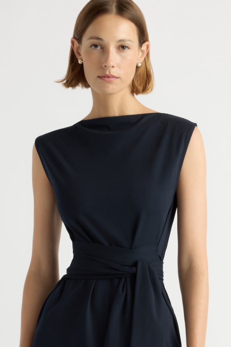 Edina Tie-Front Slit-Neck Dress, Alternate, color, Deep Navy